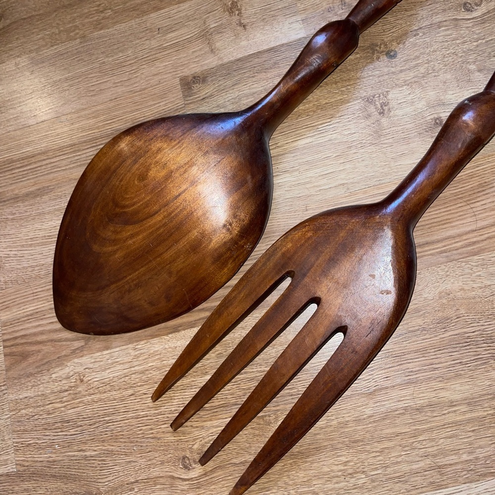 Vintage MCM Wooden Tiki Totem Spoon & Fork Wall Decor - Picture 4 of 4